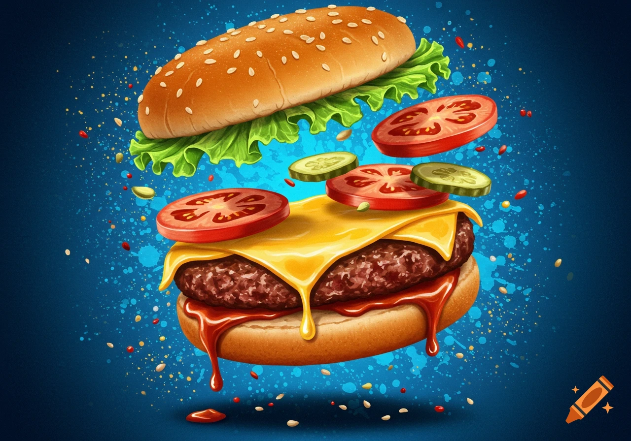 Vibrant illustration of a deconstructed hamburger with ingredients floating against a blue, splattered background.