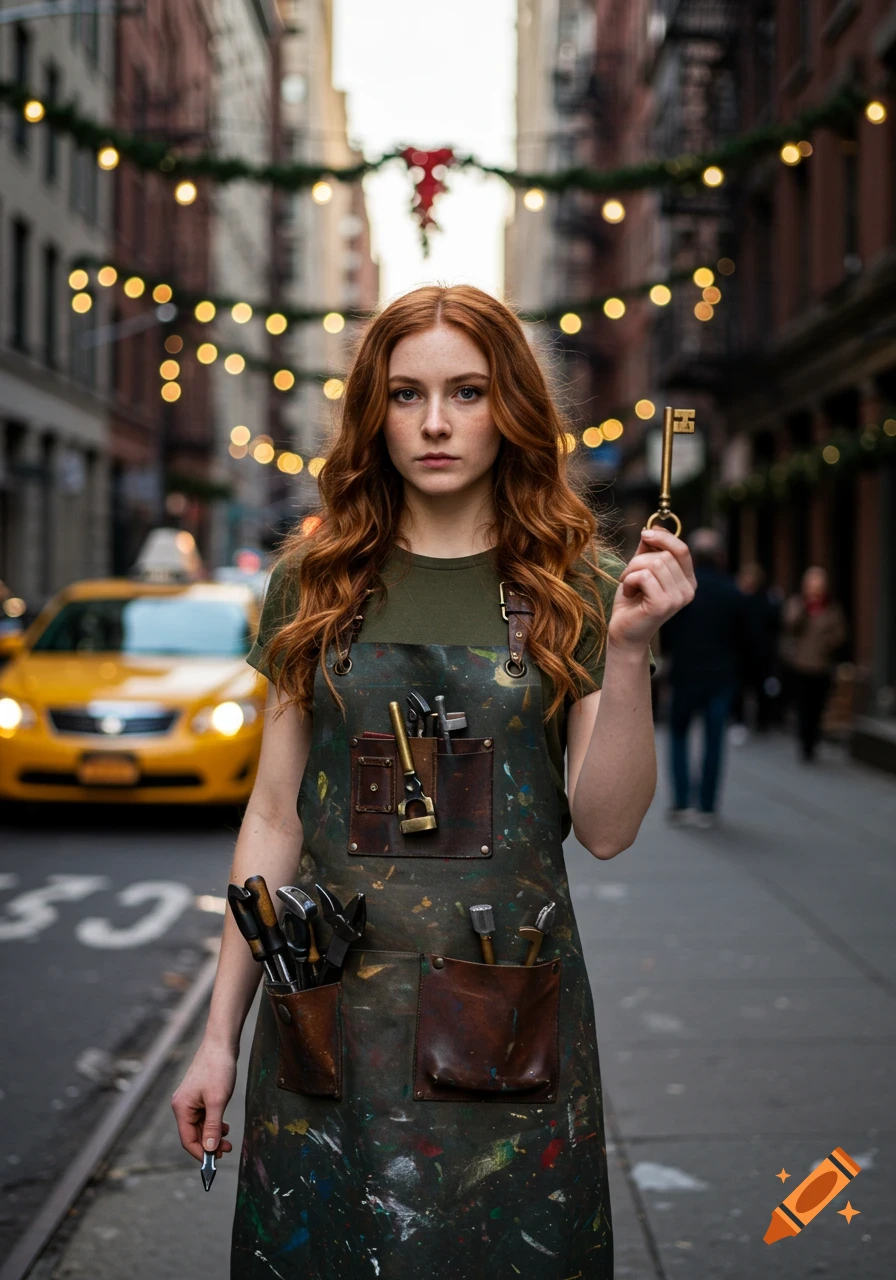 A red-haired woman in a tool apron holds a golden key on a city street with a yellow taxi and string lights in the background.