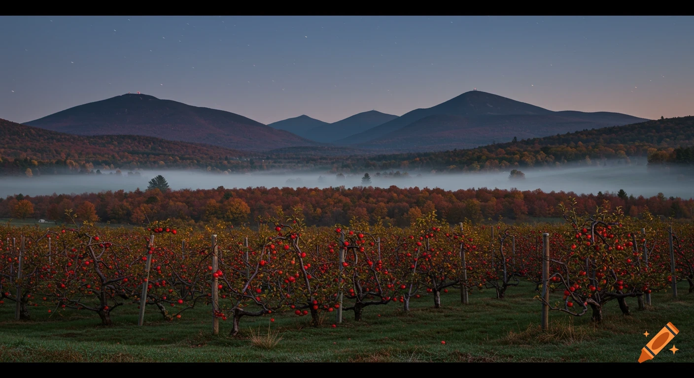 Moonlit photorealistic landscape of an apple orchard in late fall with a misty valley and mountains in the background.