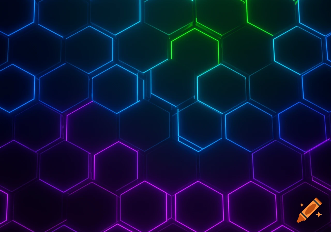 A seamless pattern of glowing neon hexagons in a blue, green, and purple gradient on a dark background.