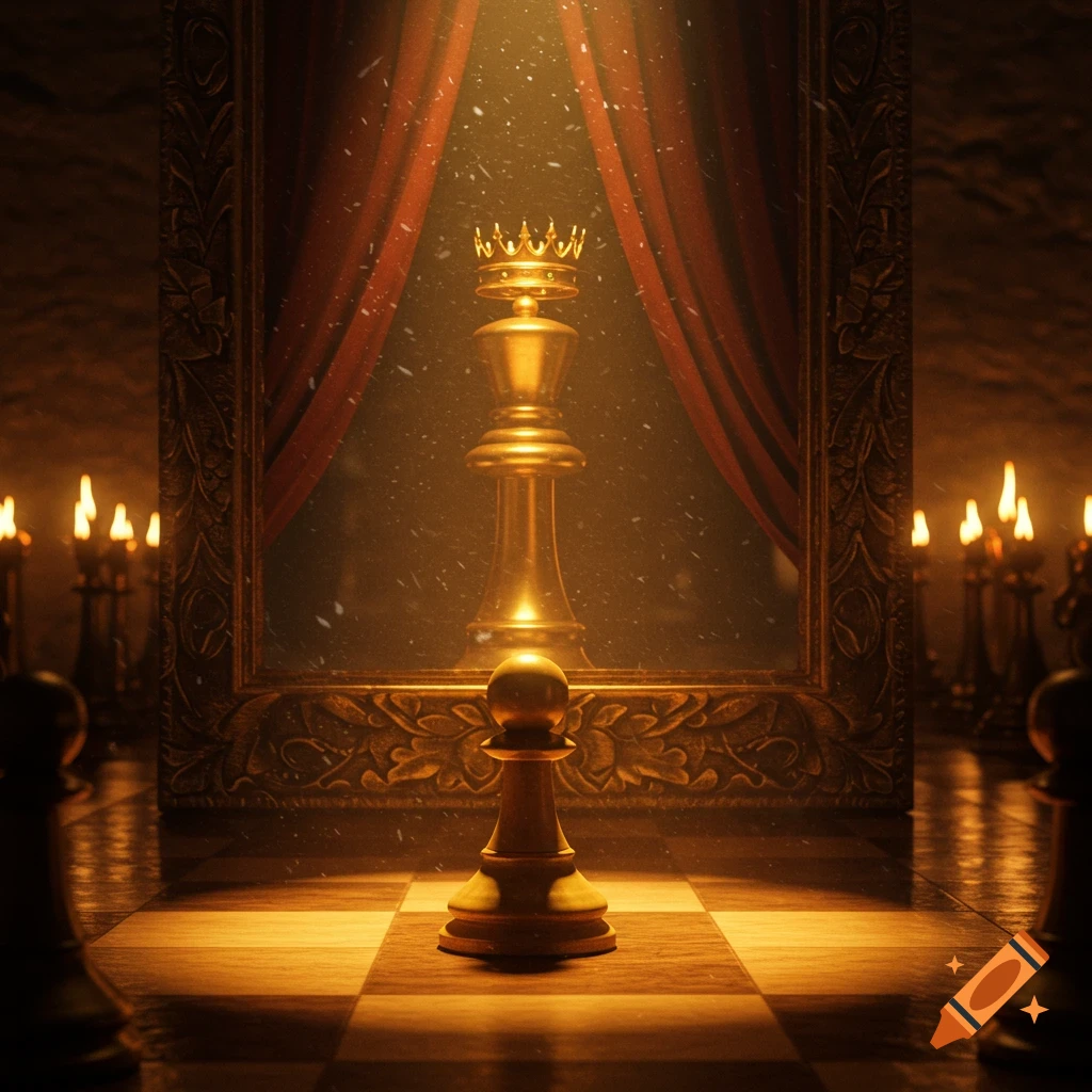 A golden chess pawn stands on a chessboard before a mirror, reflecting a golden chess king in a dramatic, dimly lit scene.