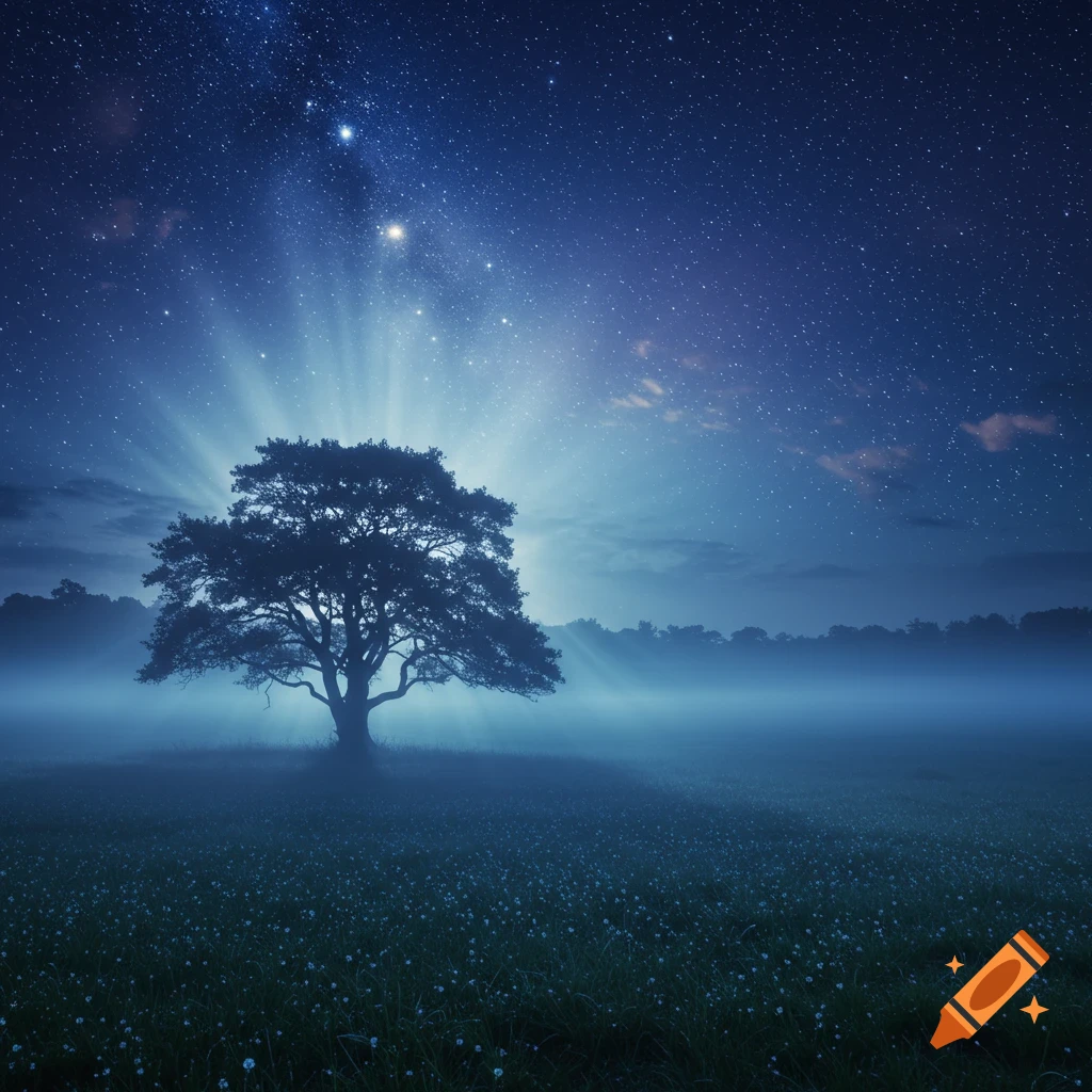 A solitary tree silhouetted against a starry night sky with radiant light rays behind it, standing in a misty field of flowers.