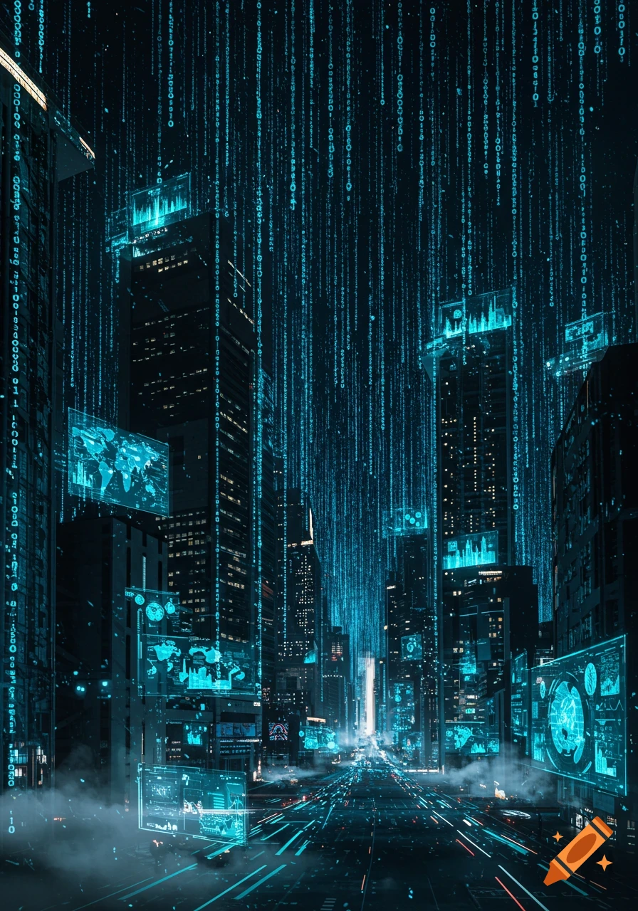 A dark, futuristic city at night, with towering skyscrapers and streets illuminated by glowing blue data streams and holographic interfaces.