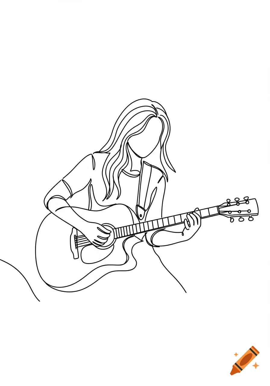 Minimalist one-line art drawing of a girl playing an acoustic guitar.