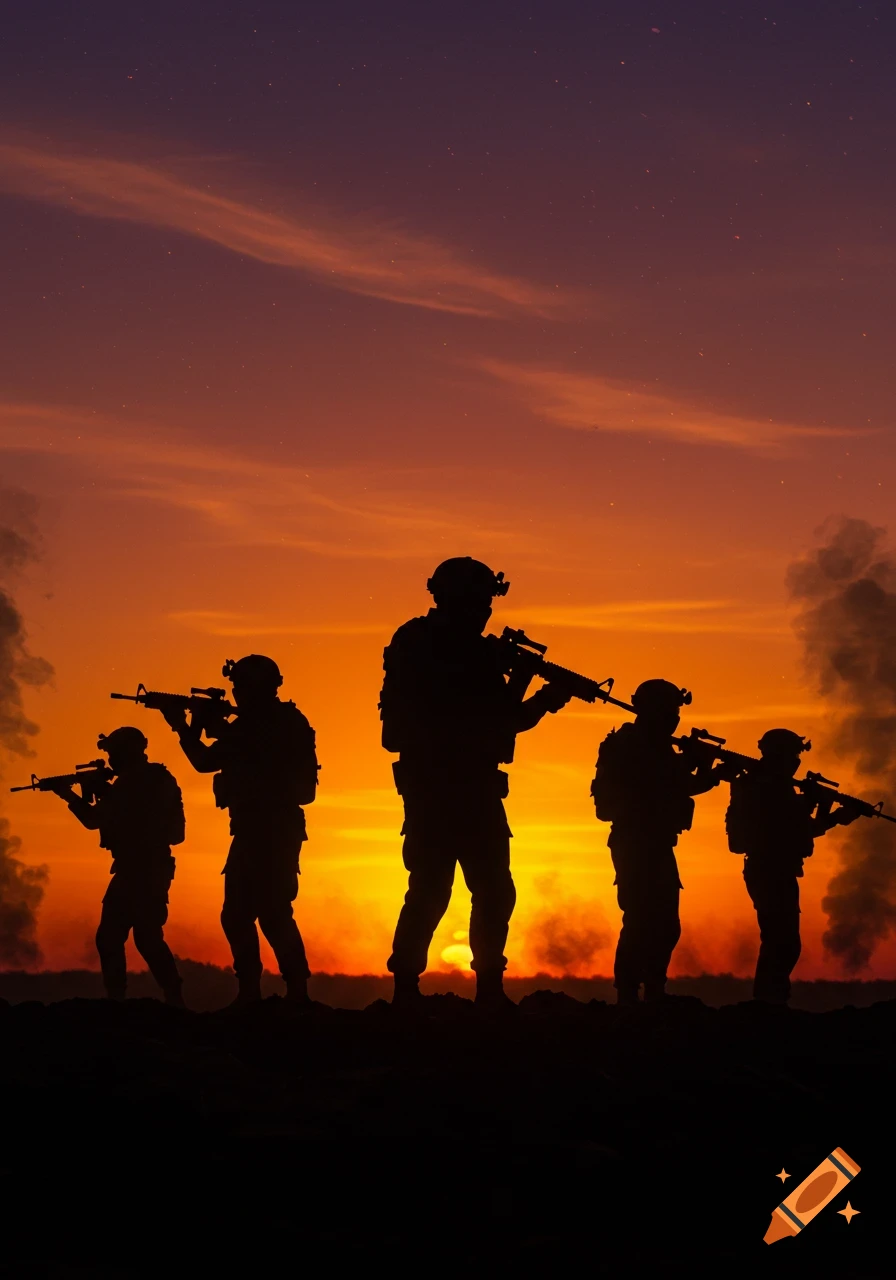 Five special forces soldiers silhouetted against a dramatic orange and purple sunset with smoke.