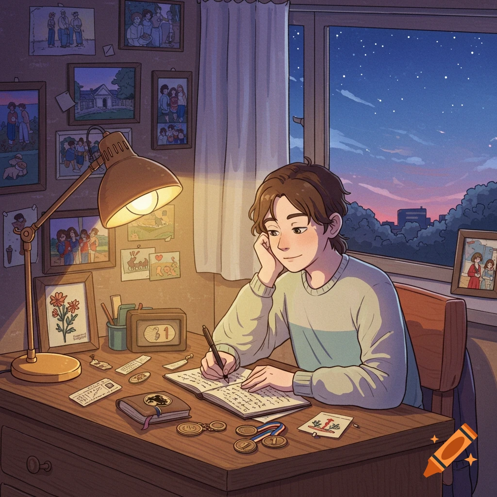 An illustrated person with brown hair writes in a notebook at a cozy desk under a lamp, with framed photos and medals.