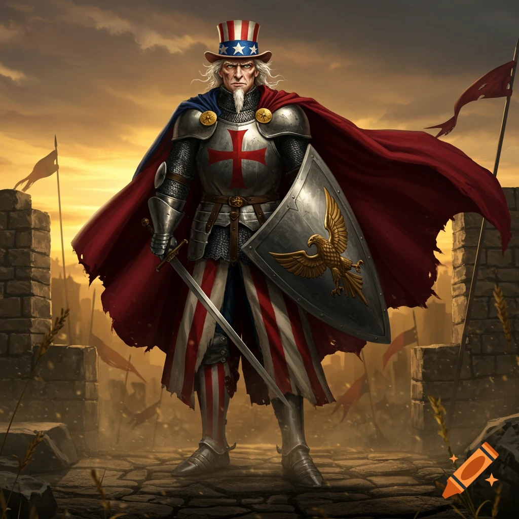 Uncle Sam as a crusader knight in plate armor, American flag hat, red cape, sword, and eagle shield, on a battlefield at sunset.
