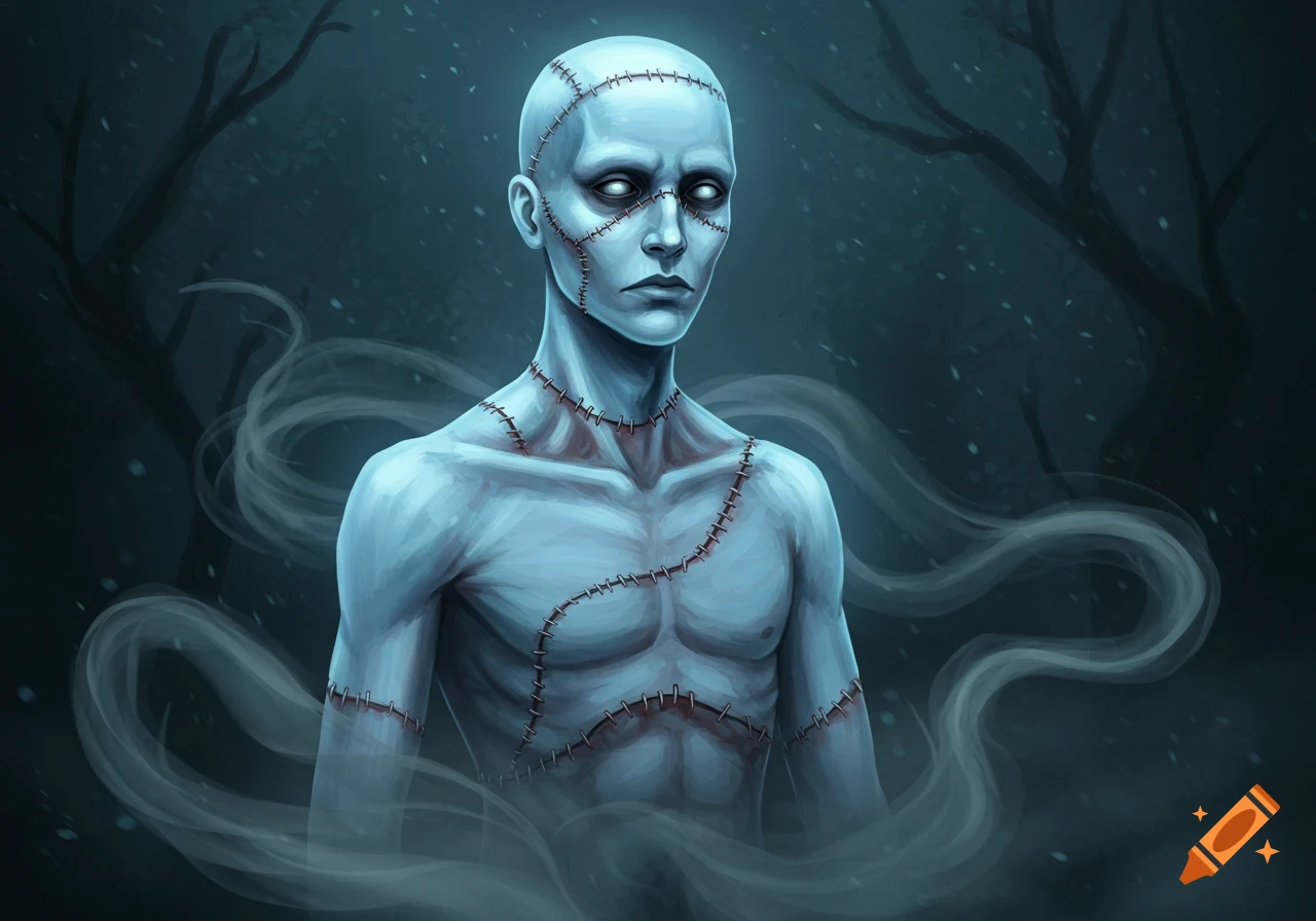 A pale blue, stitched humanoid figure with white eyes stands in a dark, misty forest background.