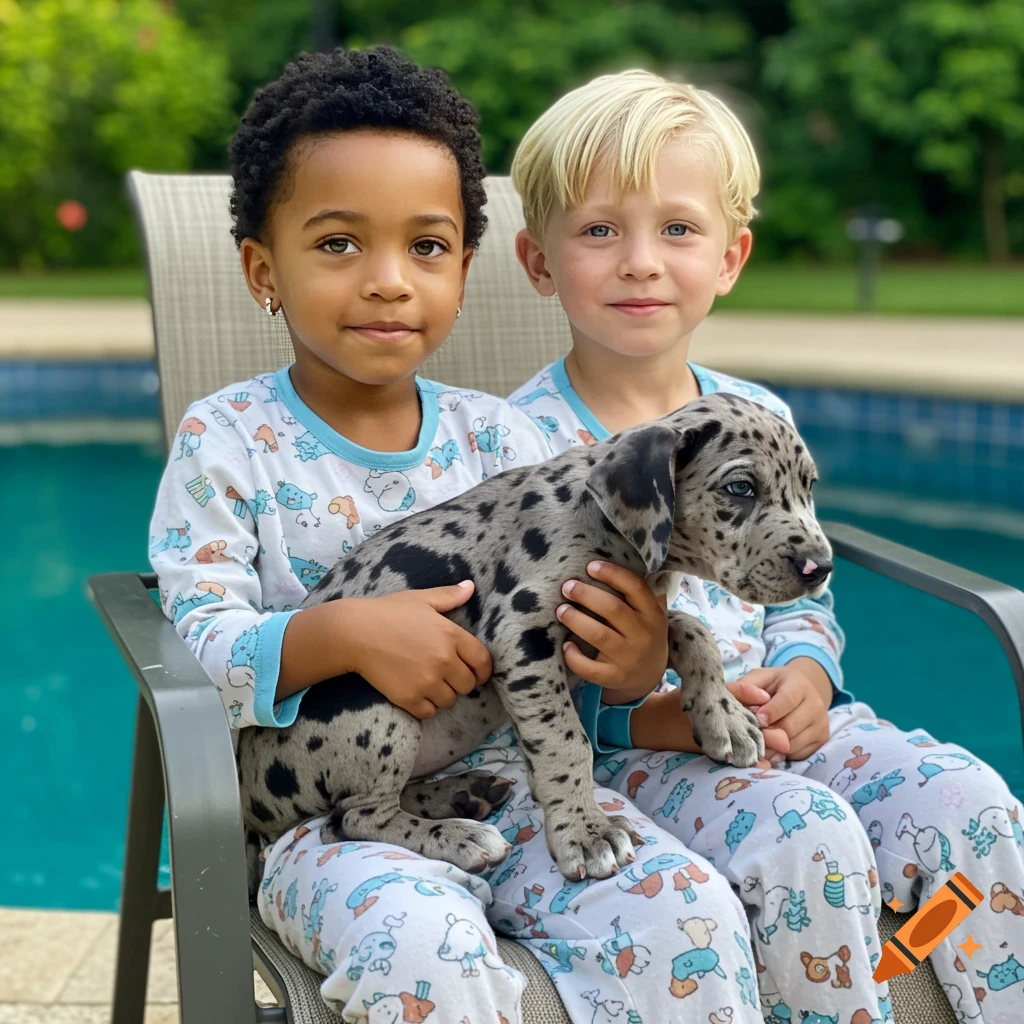 Two young boys in pajamas by a pool, holding a spotted puppy.