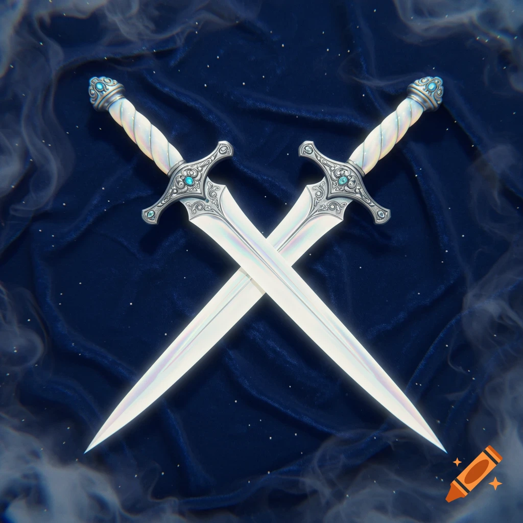 Two ornate white daggers with silver hilts and turquoise gems crossed on dark blue velvet with ethereal smoke.