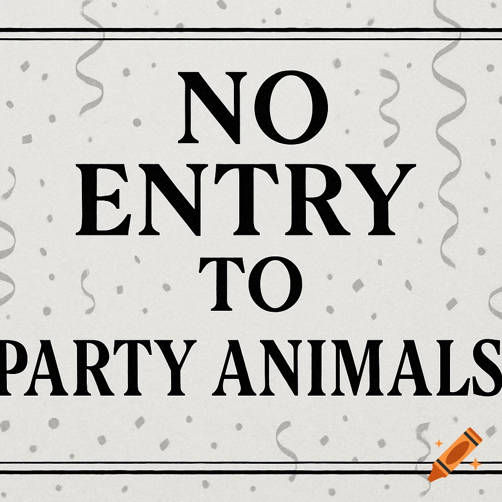 A black and white sign with the text 'NO ENTRY TO PARTY ANIMALS' surrounded by confetti and streamers.