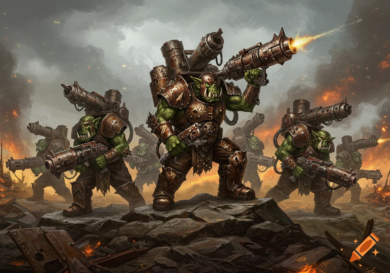 Heavily armored Warhammer Orks with rocket launchers stand on a battlefield with fires and smoke, one firing a weapon.