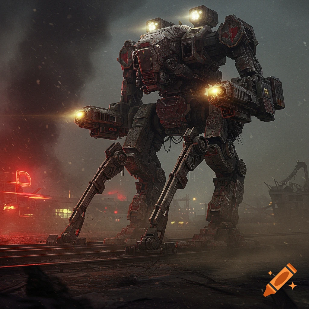 A large, weathered mech stands on railroad tracks in a dark, gritty industrial setting with red neon lights and falling snow.