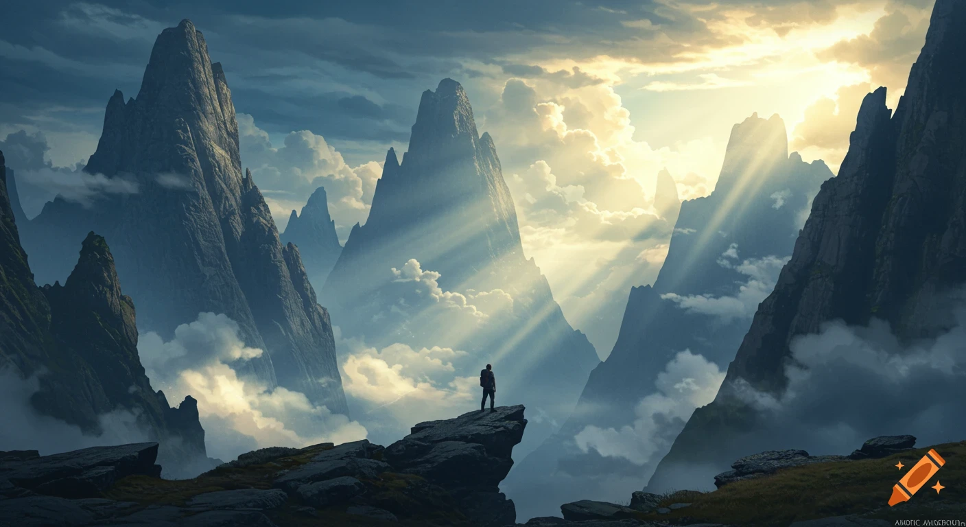 A lone figure stands on a rocky outcrop, overlooking a vast mountain range with sun rays piercing through clouds, in a cinematic style.