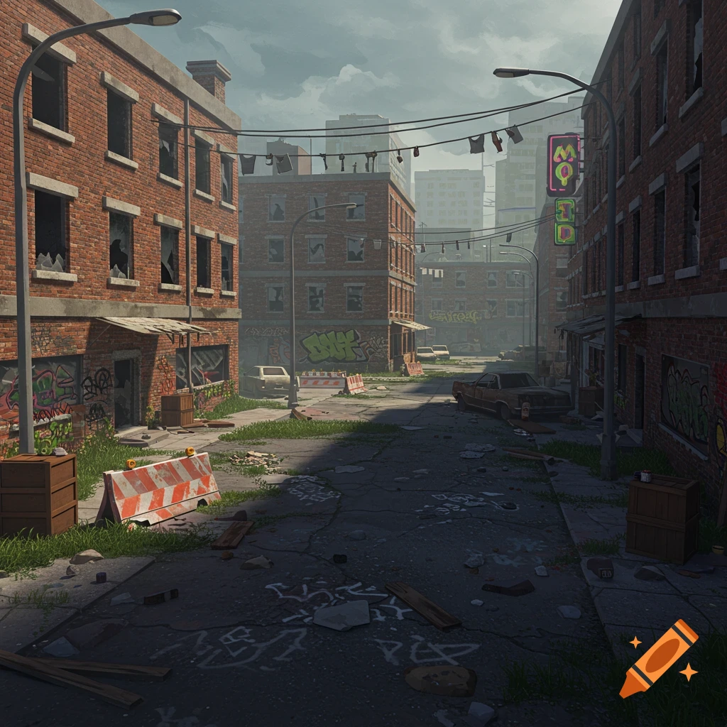 An abandoned city street with dilapidated brick buildings covered in graffiti, broken windows, overgrown weeds, and derelict cars under an overcast sky.