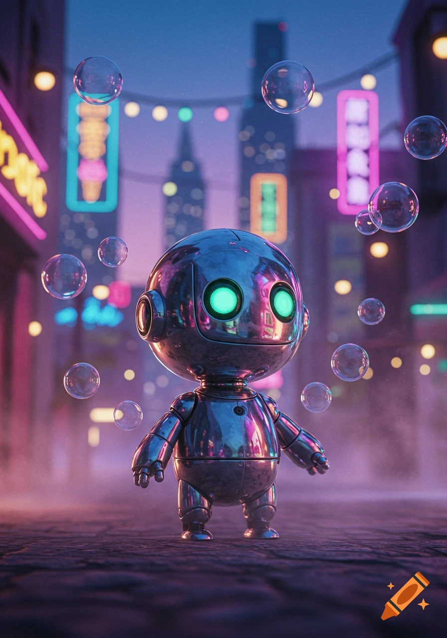 A cute, shiny metallic robot with glowing green eyes stands on a street in a neon-lit futuristic city, surrounded by floating bubbles.