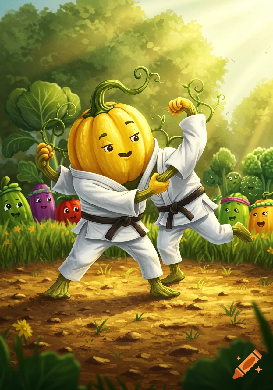 Cartoon yellow squash in a white judo gi, grappling with another vegetable in a lush, green outdoor setting, surrounded by other smiling cartoon vegetables.