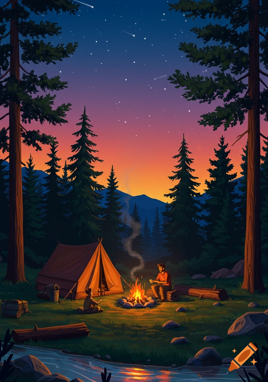 An illustration of a man and a dog camping by a glowing campfire next to a river at sunset in a forest with mountains and stars.