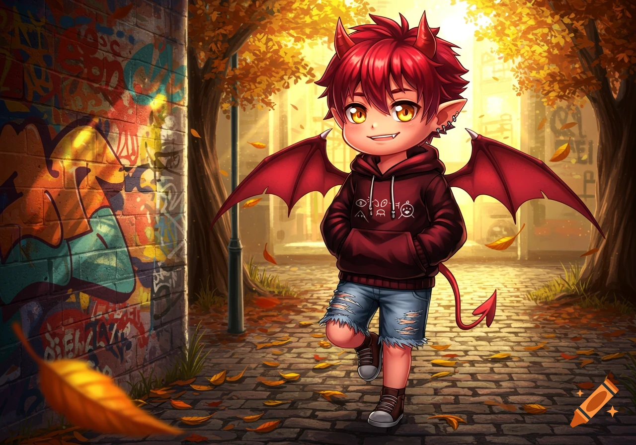 A cute anime devil boy with red hair, horns, wings, and a tail, wearing a hoodie and ripped shorts, smiles in an autumn street with graffiti.