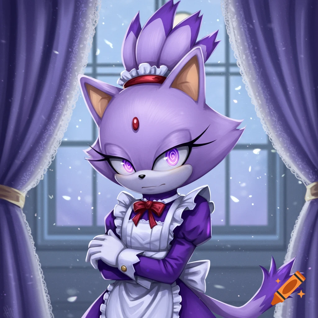 Blaze the Cat in a purple maid uniform, with lilac spiral hypnotized eyes and a smug expression, stands by a window with purple curtains.