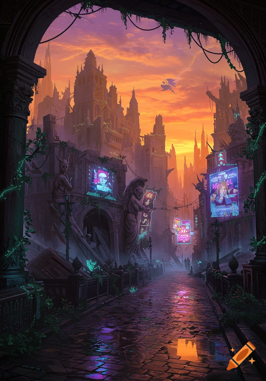A dark, deco-punk city street at sunset, with crumbling gothic architecture, neon signs, and glowing vines. Reflective wet ground.