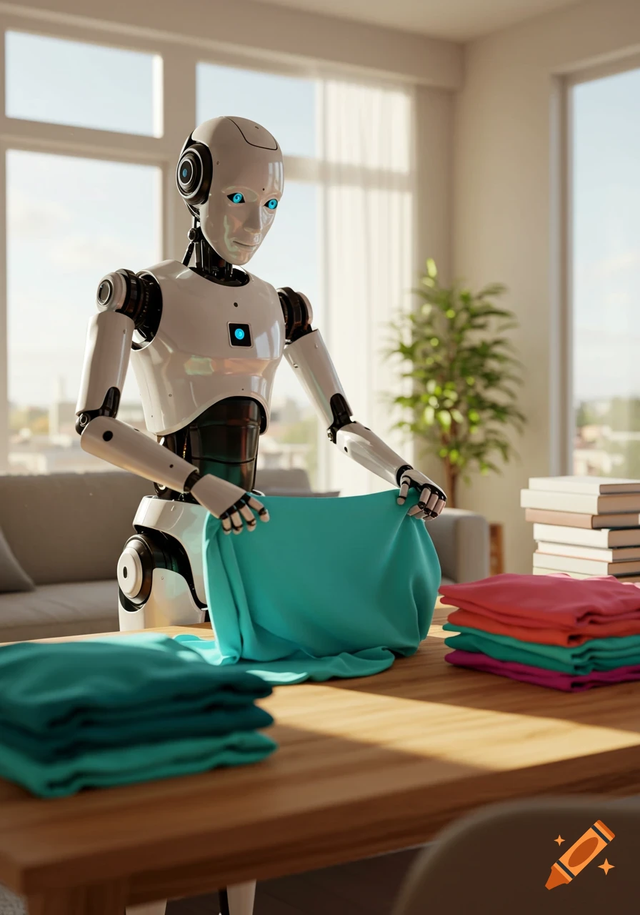 A white humanoid robot with blue eyes folds a teal shirt on a wooden table in a brightly lit room with stacks of colorful clothes and books.