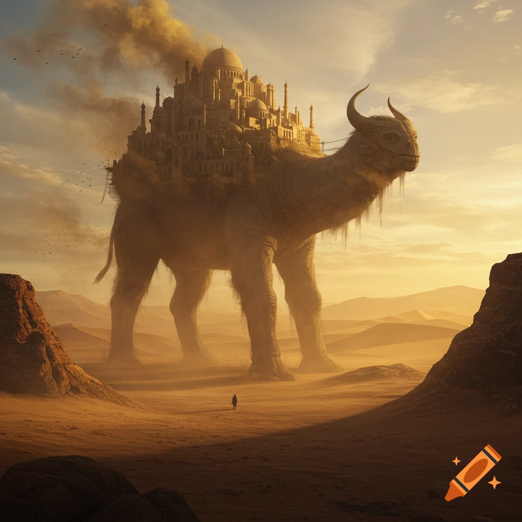 Colossal creature with a city on its back stands in a vast desert with sand dunes and canyons, a small person below.