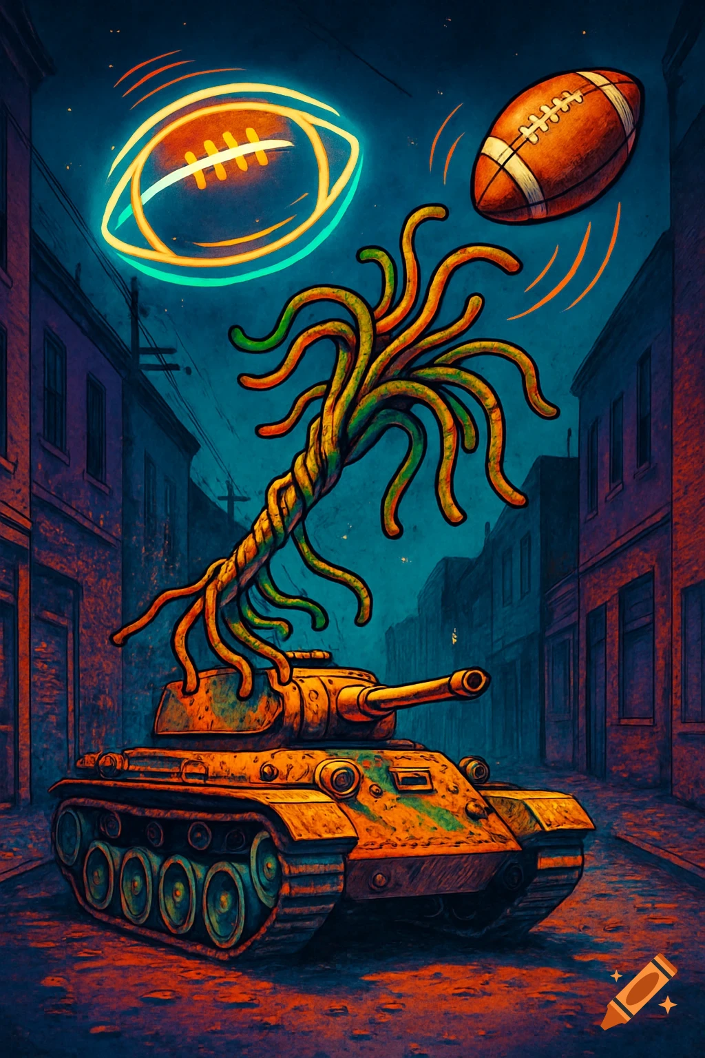 A tank with green tentacle-like dreadlocks on a dark city street, with a glowing neon football and a regular football floating above. Digital art.