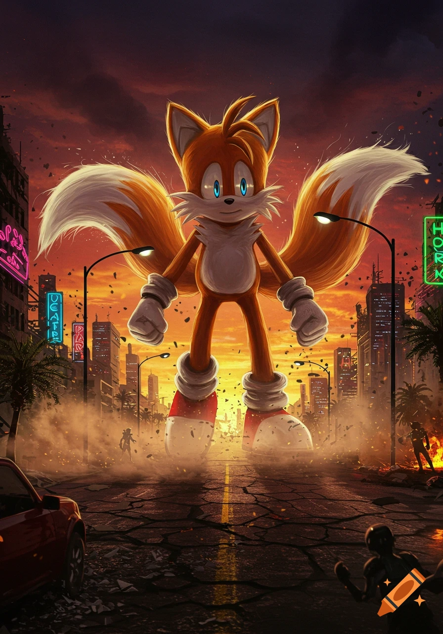Giant cartoon fox character Tails stands in a ruined city street at sunset, towering over cars and fleeing people amidst debris and fire.