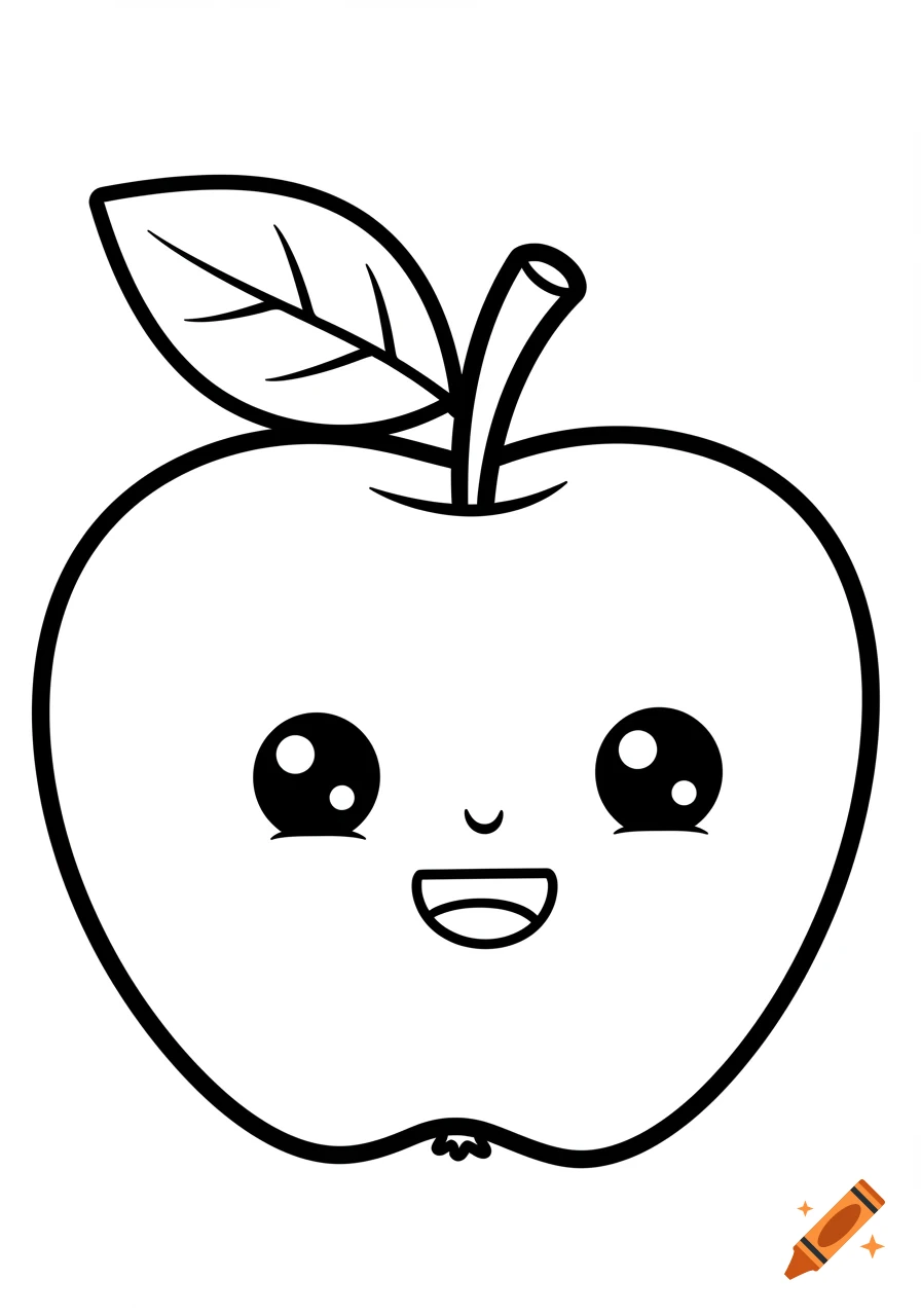 A simple black and white outline drawing of a cute, smiling apple with a leaf and stem, suitable for a coloring book.