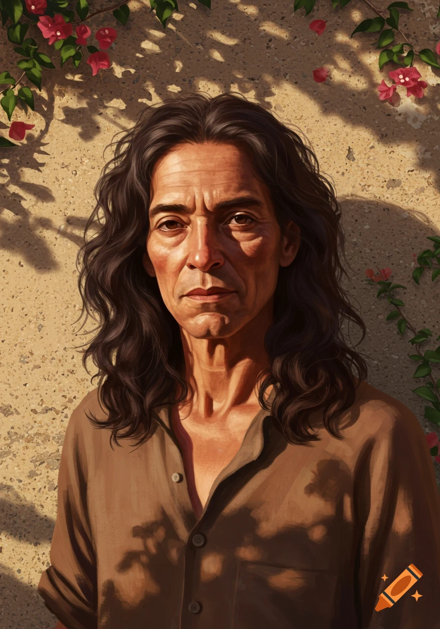 Illustration of an older person with dark wavy hair and a solemn expression, standing before a sunlit textured wall with red bougainvillea flowers.