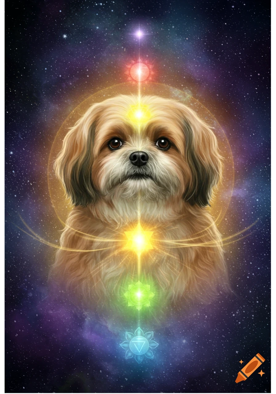 A mystical portrait of a Lhasa Apso dog with glowing chakra symbols and a golden aura against a cosmic, starry background.