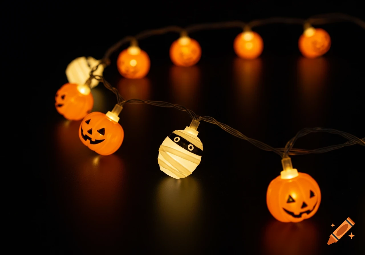 Halloween LED string lights with glowing pumpkin and mummy designs draped on a dark background, creating a cozy, festive ambiance.