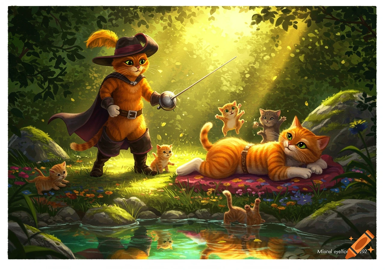Puss in Boots holding a rapier watches over playful kittens and a large cat resting by a sunlit forest stream.