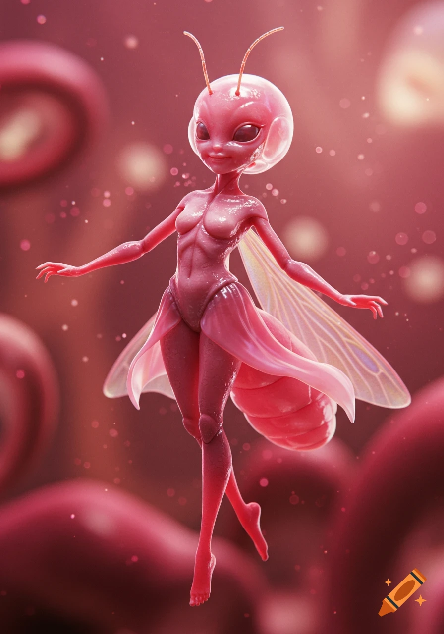 A surreal, pink insectoid woman with translucent wings and a jellyfish-like head floats against a blurry pink background.