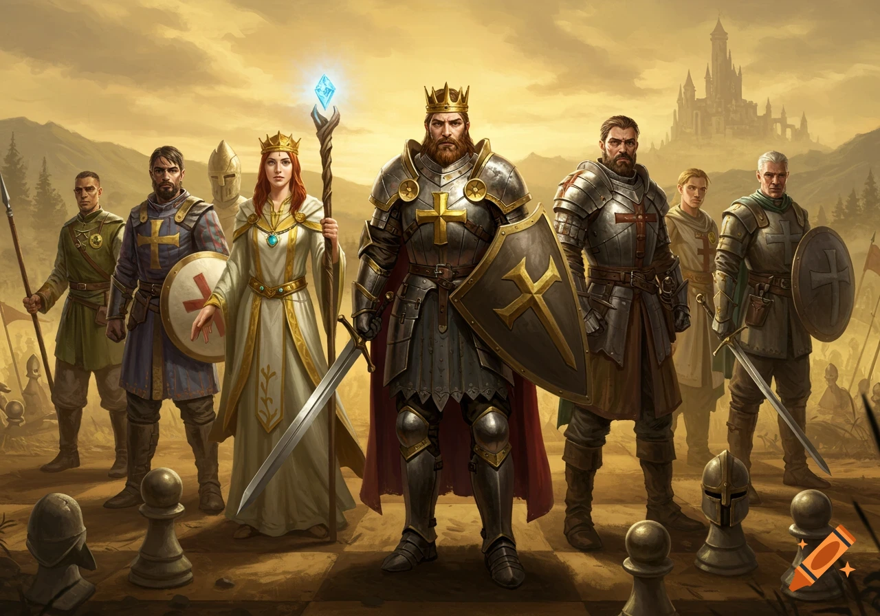 A group of fantasy warriors, including armored knights, a king, and a queen, standing on a large chessboard with a castle in the background.