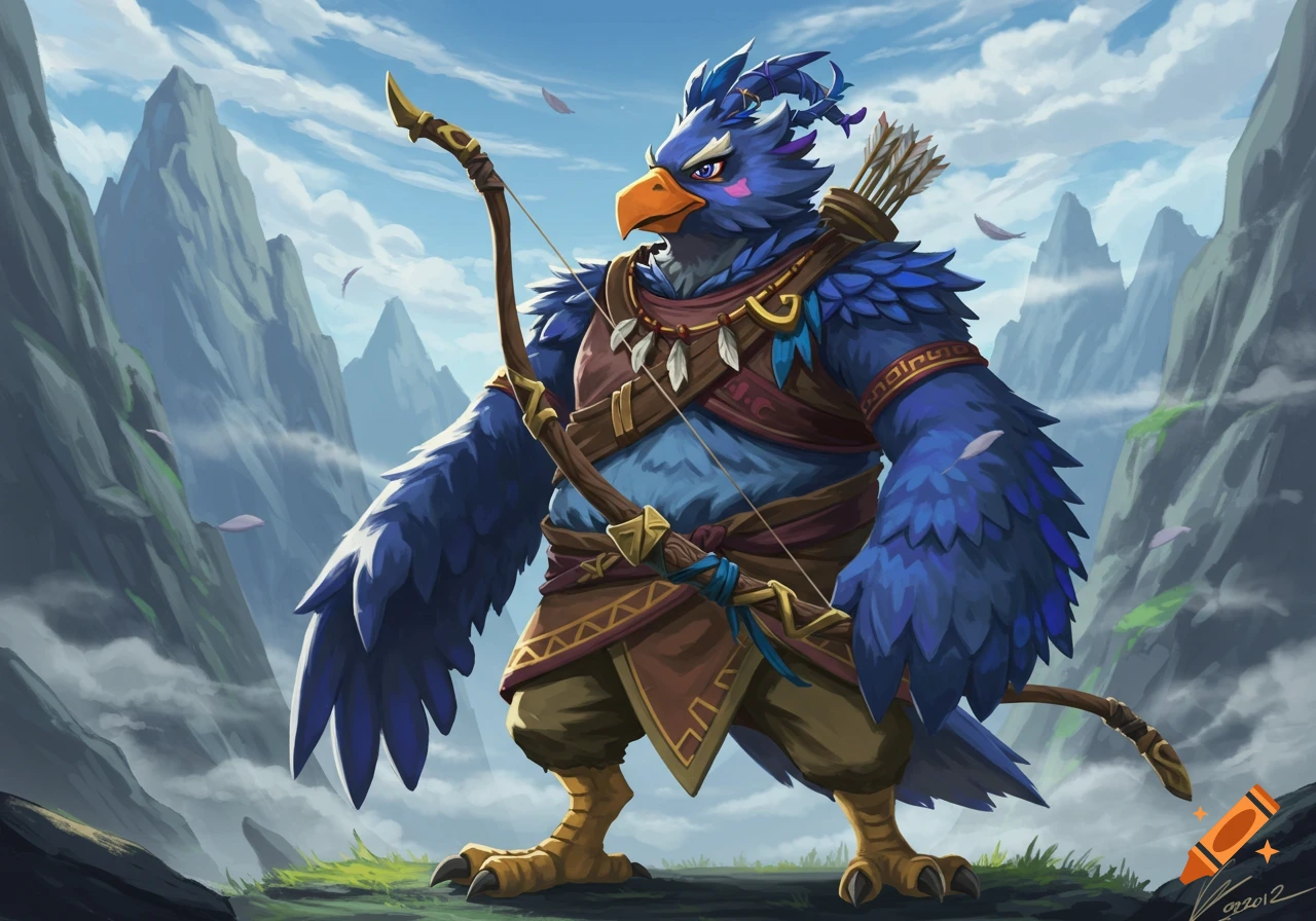 A blue anthropomorphic bird-like character, resembling Revali, stands with a bow and quiver in a mountainous landscape under a cloudy sky.