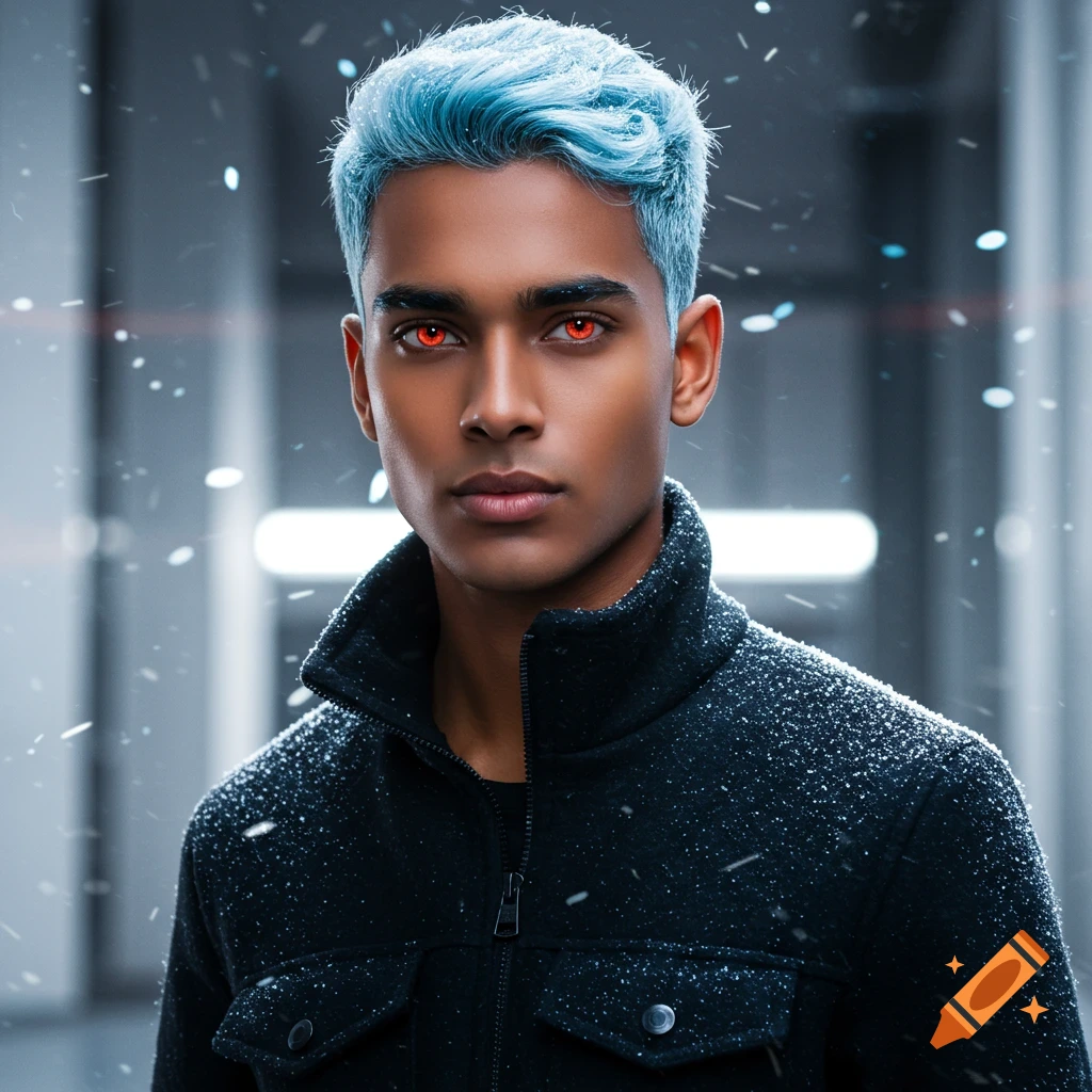 A close-up photorealistic portrait of a young man with icy blue hair and glowing red eyes, wearing a black jacket, with snow falling around him.