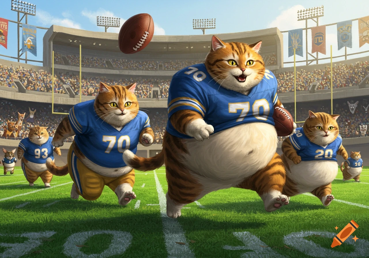 Chubby orange tabby cats in blue and gold football jerseys run on a green field in a stadium, with footballs.