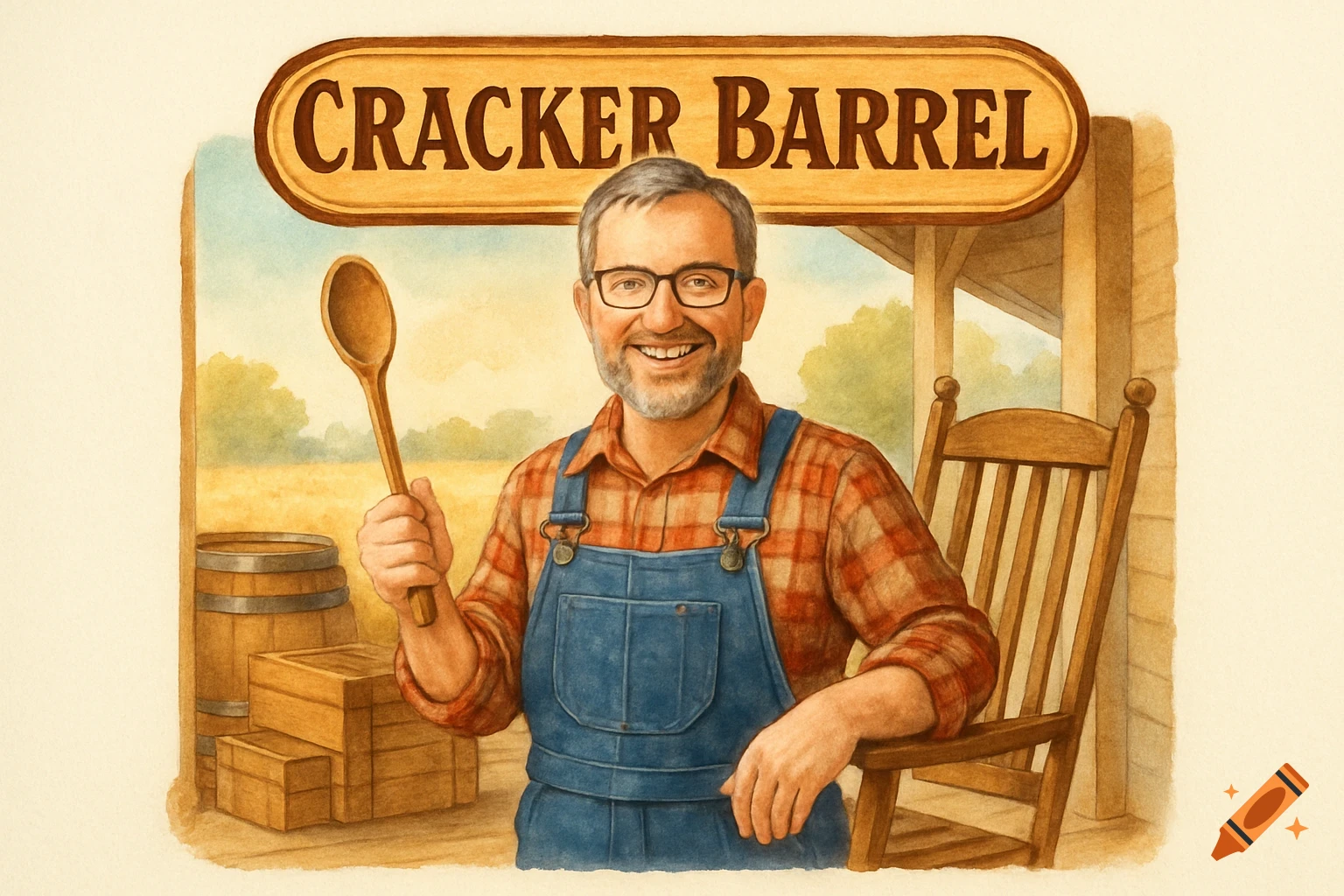 Smiling man in overalls holding a wooden spoon under a Cracker Barrel sign, in an illustrative style.
