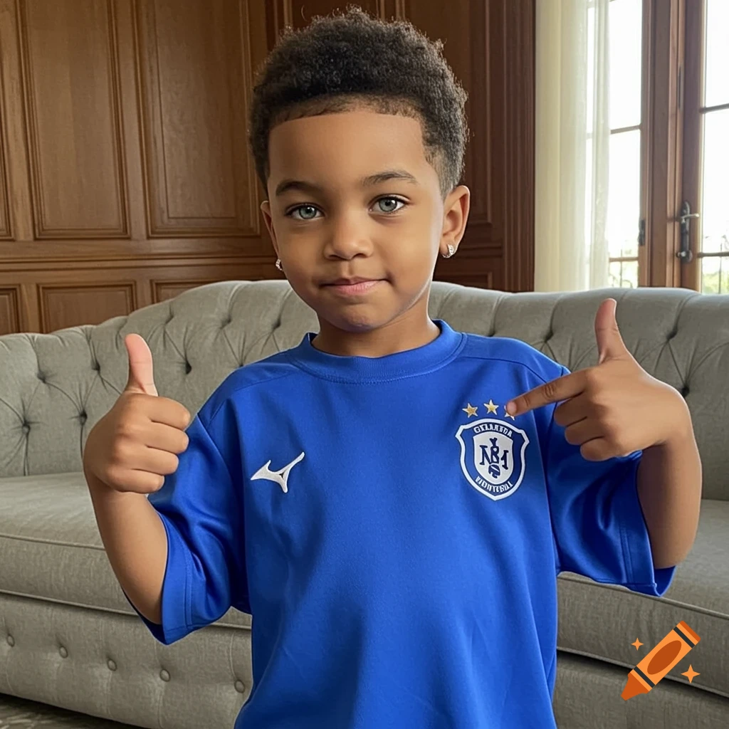 A young boy with an afro and green eyes, wearing an oversized blue soccer jersey, giving a thumbs up and pointing at his shirt.