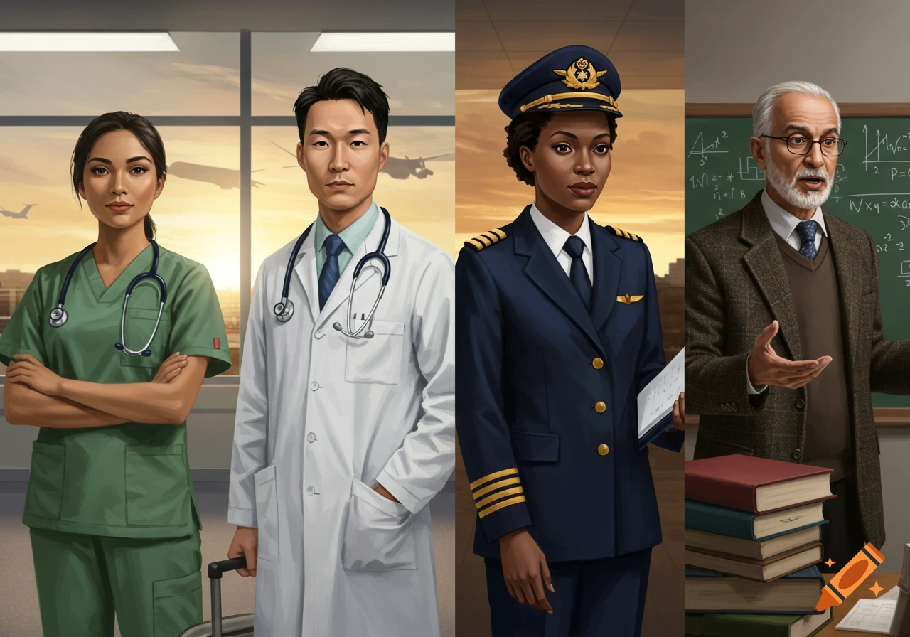 Four diverse professionals: a nurse, a doctor, a pilot, and a professor, each in their respective environments.