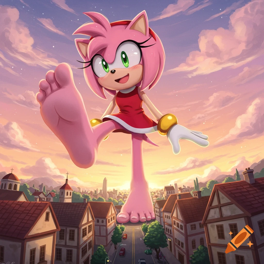 Giant Amy Rose playfully lifts her barefoot foot over a town at sunset, digital art.