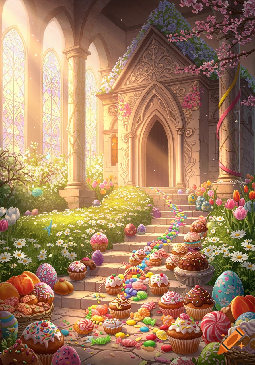 A vibrant fantasy temple adorned with flowers and stained glass windows, featuring a staircase covered in colorful cupcakes, candies, and Easter eggs.