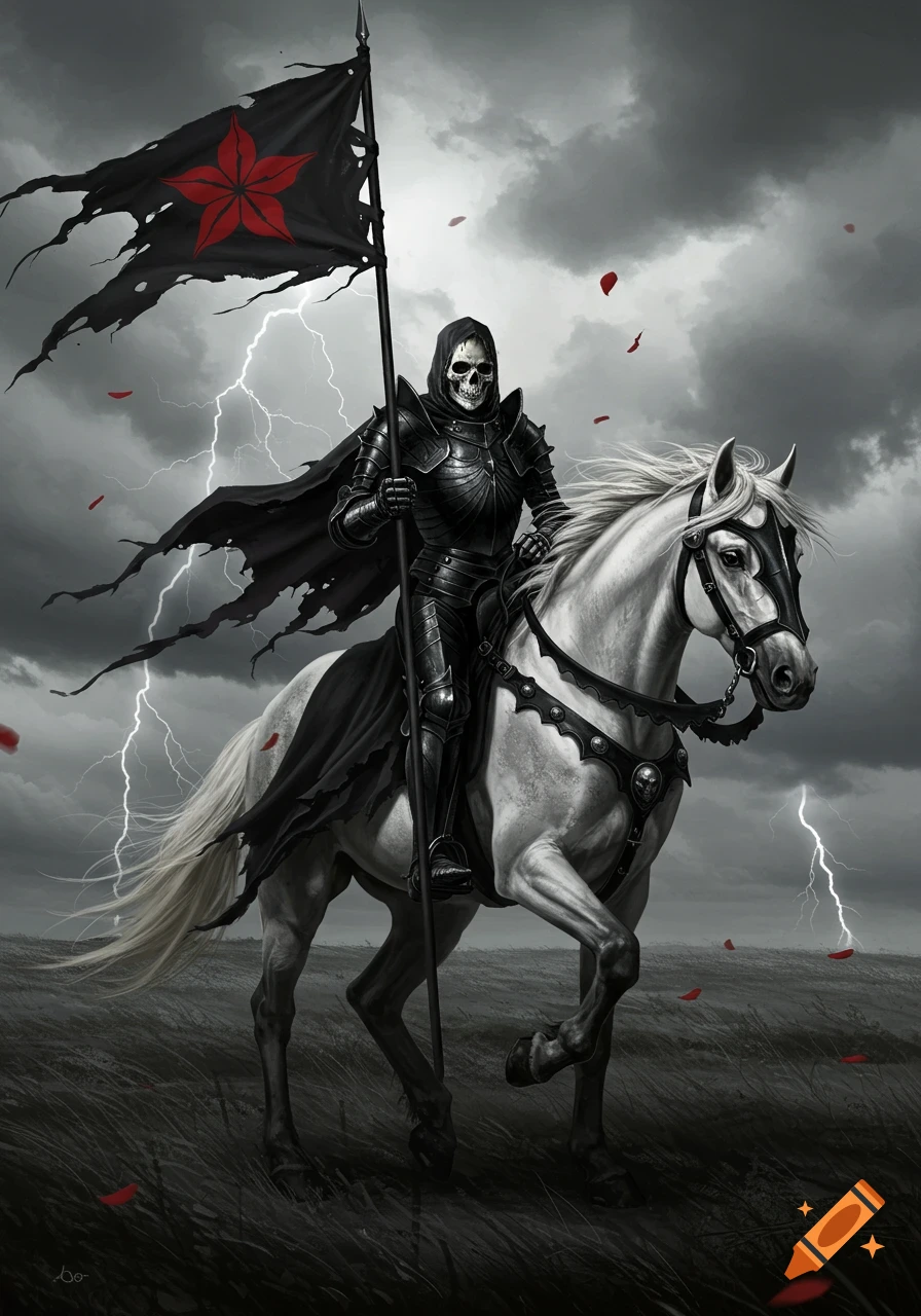 A skeleton knight in black armor rides a white horse through a stormy field, carrying a tattered black flag with a red five-petal star.