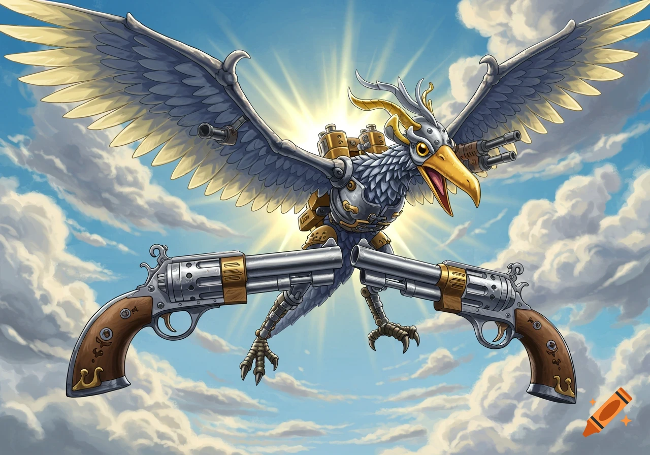 A mechanical bird-like creature with stylized guns for legs flies in a bright, cloudy sky.