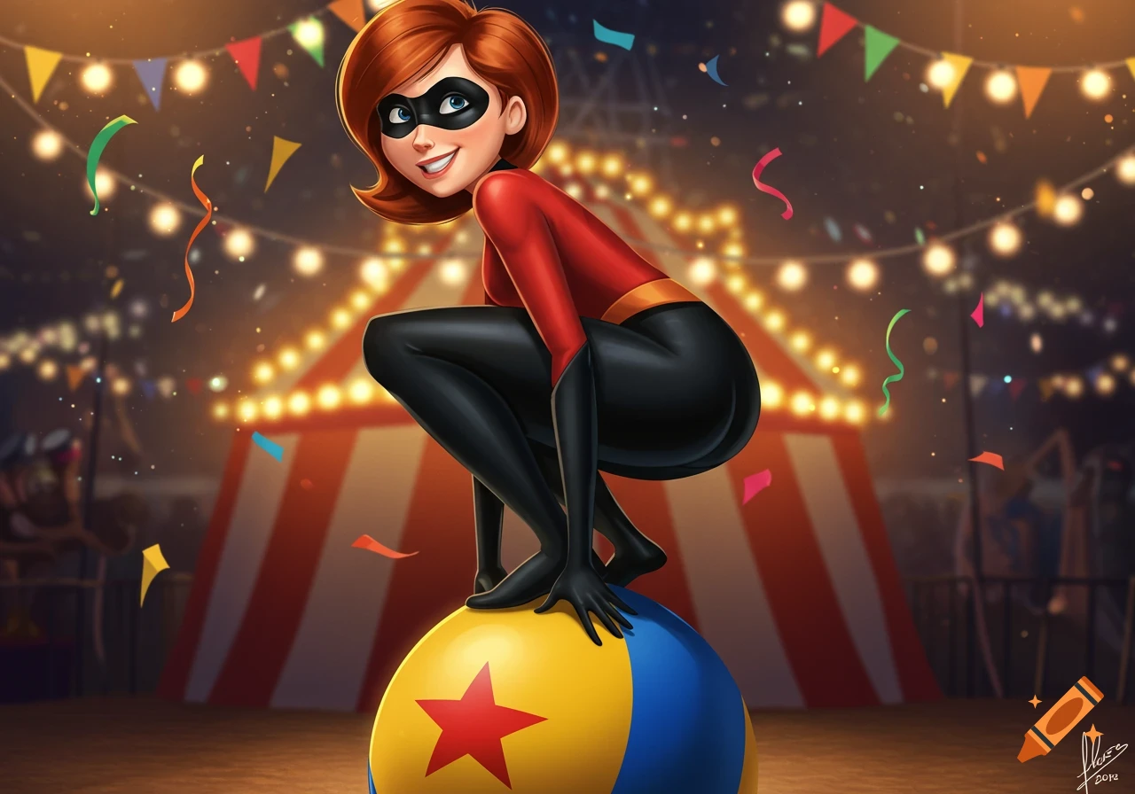 Elastigirl balances in a squat on a yellow and blue circus ball with a red star, smiling under confetti in a lit circus tent.