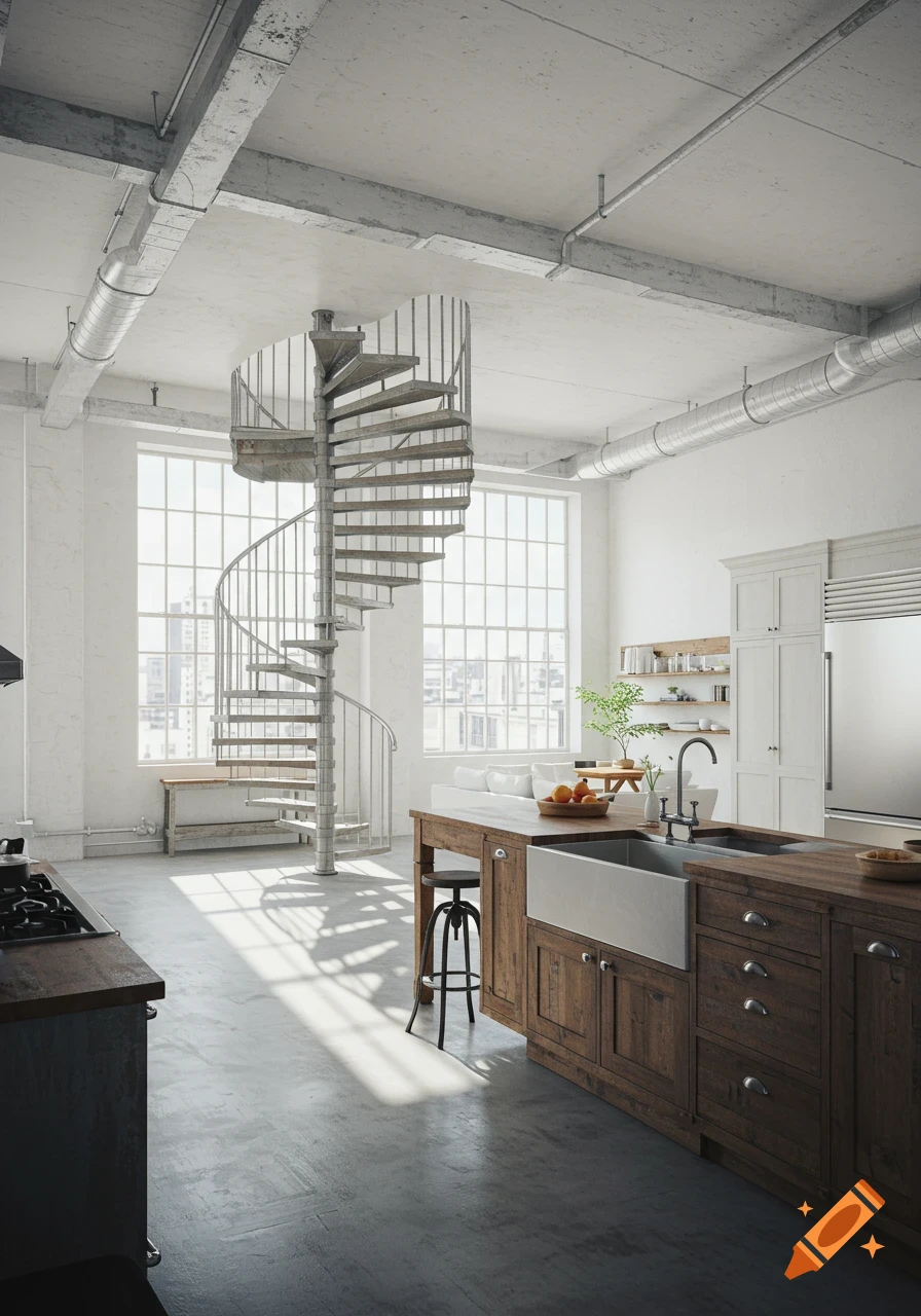 Photorealistic loft apartment with a spiral staircase, large factory windows, and a rustic farmhouse kitchen island.