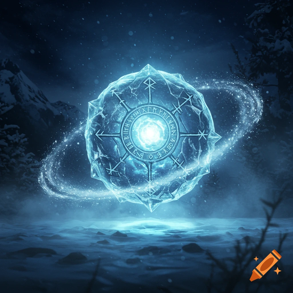 A glowing, crystalline ice orb with etched runes floats above a snowy landscape under a dark blue sky, with sparkling particles swirling.