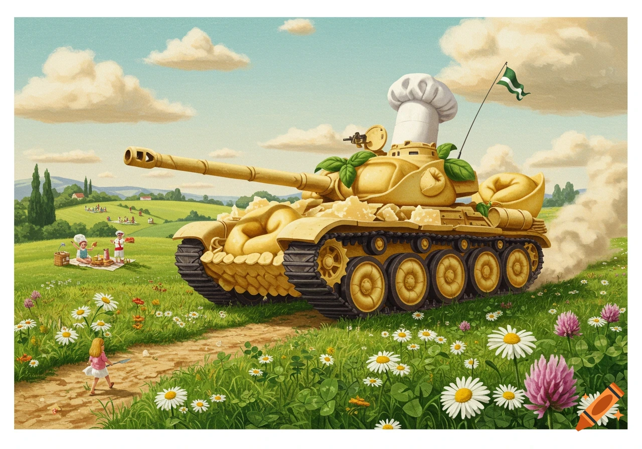 A whimsical tank made of tortellini, cheese, and basil, topped with a chef's hat, drives through a sunny, daisy-filled field with a picnic in the background. Illustration.